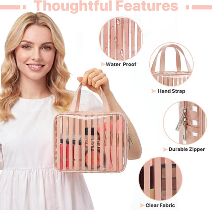 Clear Pink Striped PVC Makeup Bag, Large 10.2 x 7.9 x 3.1 Inch Waterproof Travel Toiletry Bag with Handle, TSA Approved Clear Cosmetic Organizer for Travel Gym Bathroom