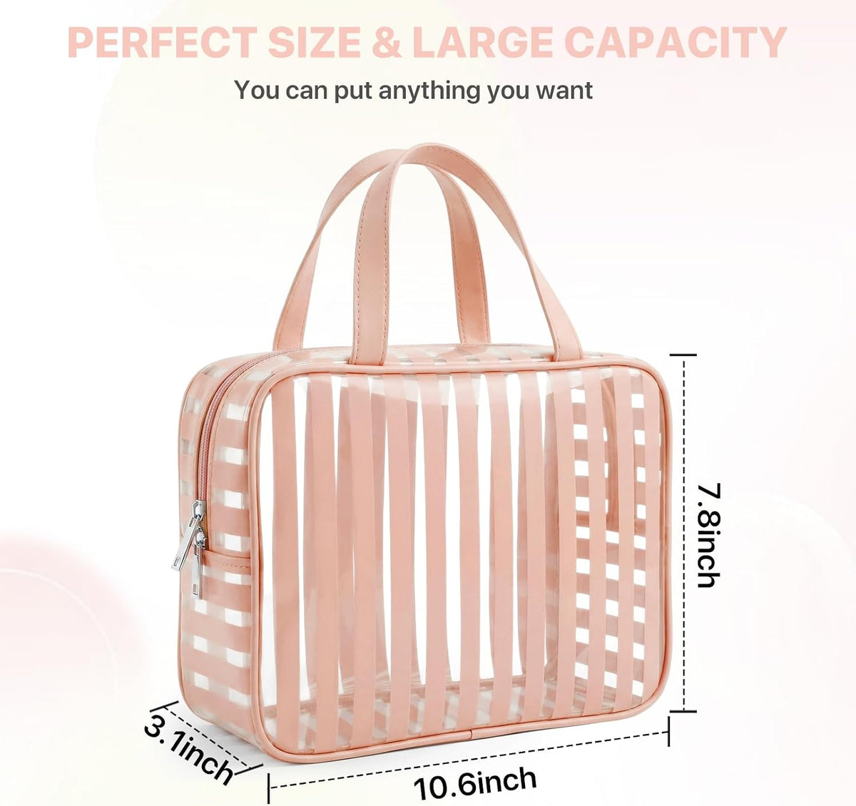 Clear Pink Striped PVC Makeup Bag, Large 10.2 x 7.9 x 3.1 Inch Waterproof Travel Toiletry Bag with Handle, TSA Approved Clear Cosmetic Organizer for Travel Gym Bathroom