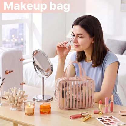 Clear Pink Striped PVC Makeup Bag, Large 10.2 x 7.9 x 3.1 Inch Waterproof Travel Toiletry Bag with Handle, TSA Approved Clear Cosmetic Organizer for Travel Gym Bathroom