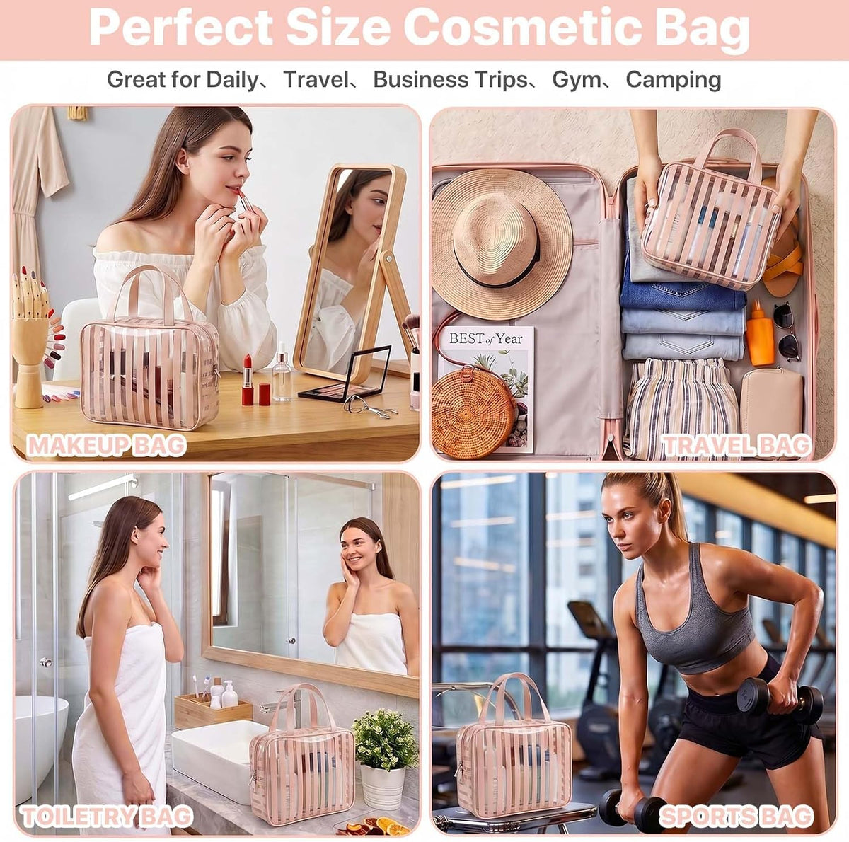 Clear Pink Striped PVC Makeup Bag, Large 10.2 x 7.9 x 3.1 Inch Waterproof Travel Toiletry Bag with Handle, TSA Approved Clear Cosmetic Organizer for Travel Gym Bathroom