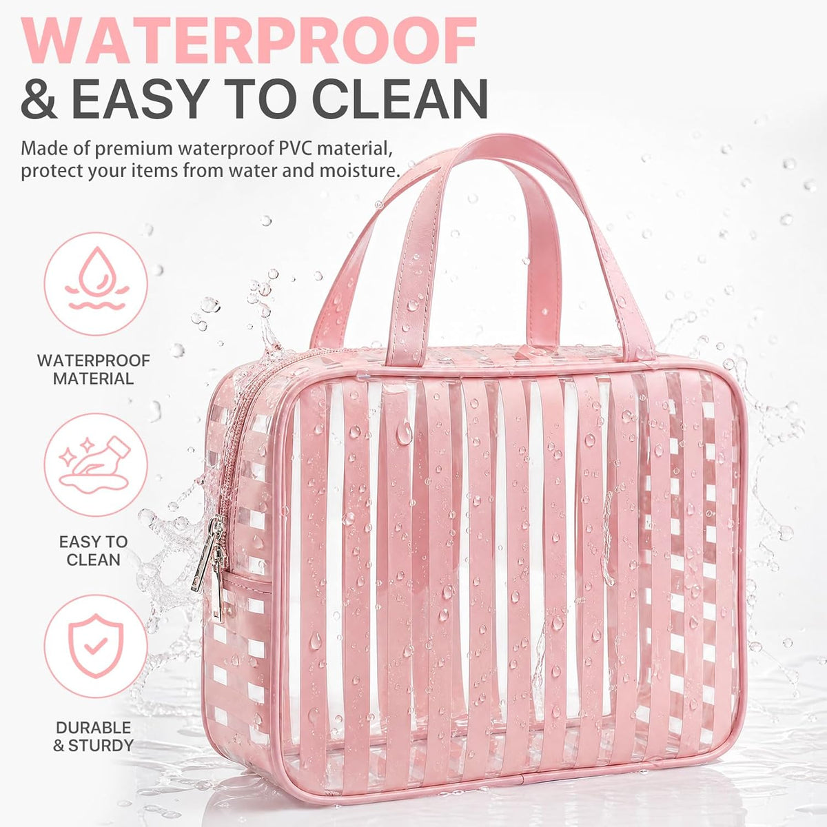 Clear Pink Striped PVC Makeup Bag, Large 10.2 x 7.9 x 3.1 Inch Waterproof Travel Toiletry Bag with Handle, TSA Approved Clear Cosmetic Organizer for Travel Gym Bathroom
