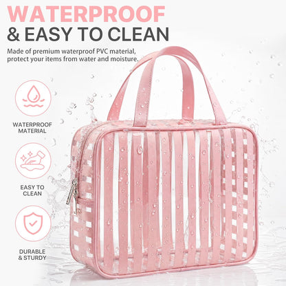 Clear Pink Striped PVC Makeup Bag, Large 10.2 x 7.9 x 3.1 Inch Waterproof Travel Toiletry Bag with Handle, TSA Approved Clear Cosmetic Organizer for Travel Gym Bathroom