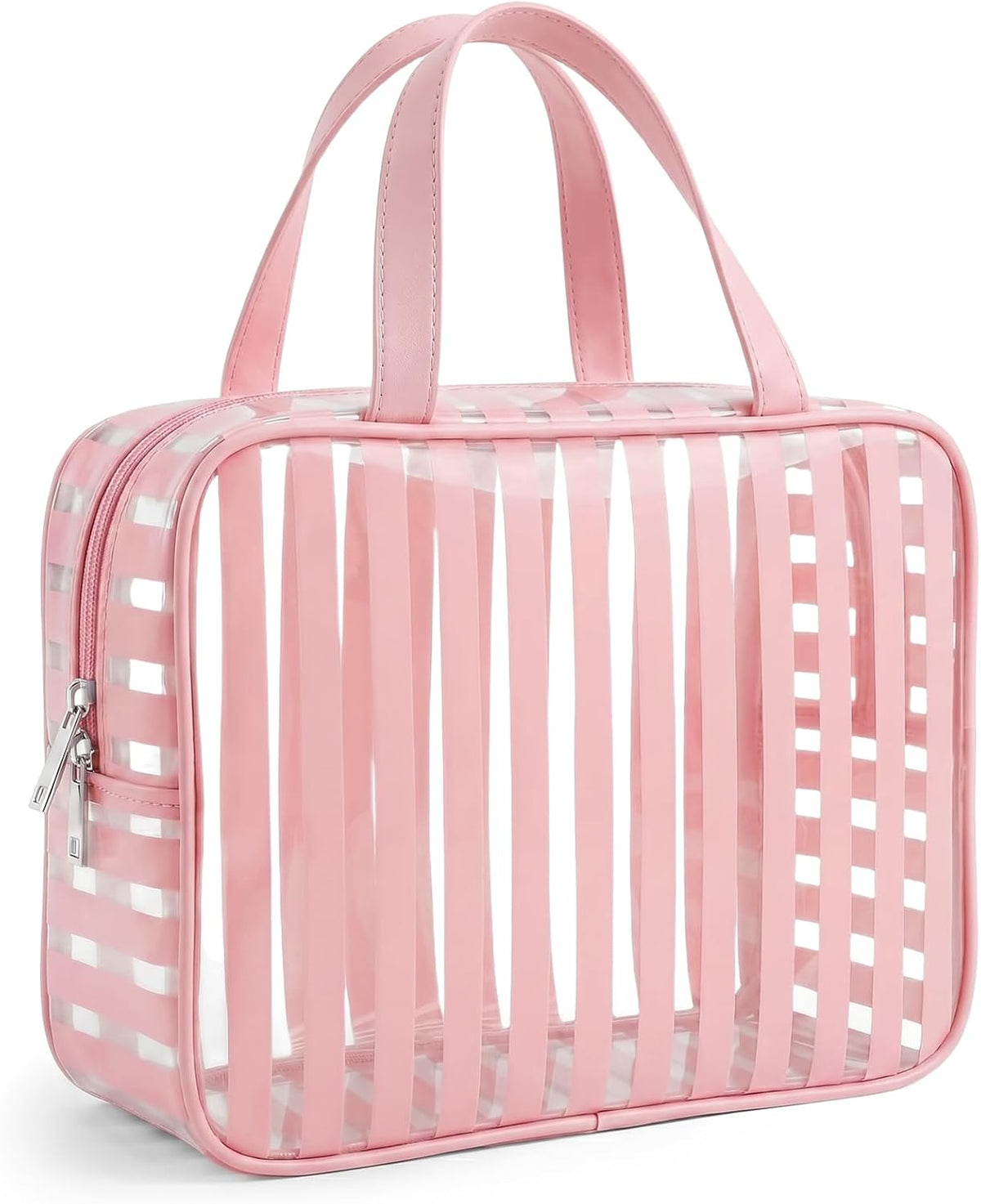 Clear Pink Striped PVC Makeup Bag, Large 10.2 x 7.9 x 3.1 Inch Waterproof Travel Toiletry Bag with Handle, TSA Approved Clear Cosmetic Organizer for Travel Gym Bathroom