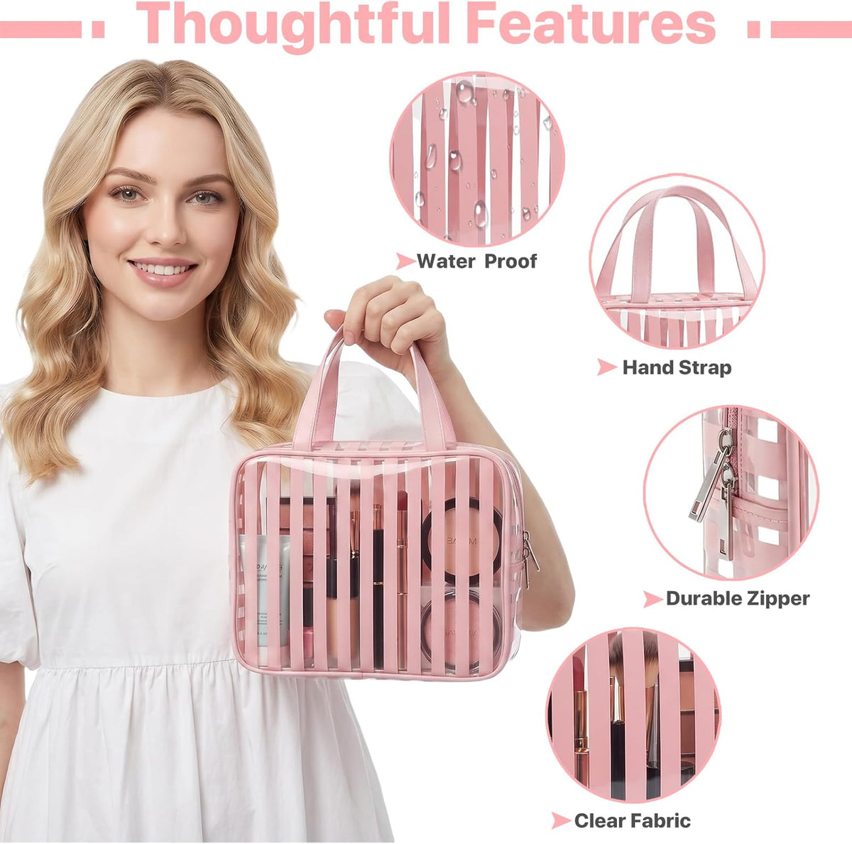 Clear Pink Striped PVC Makeup Bag, Large 10.2 x 7.9 x 3.1 Inch Waterproof Travel Toiletry Bag with Handle, TSA Approved Clear Cosmetic Organizer for Travel Gym Bathroom