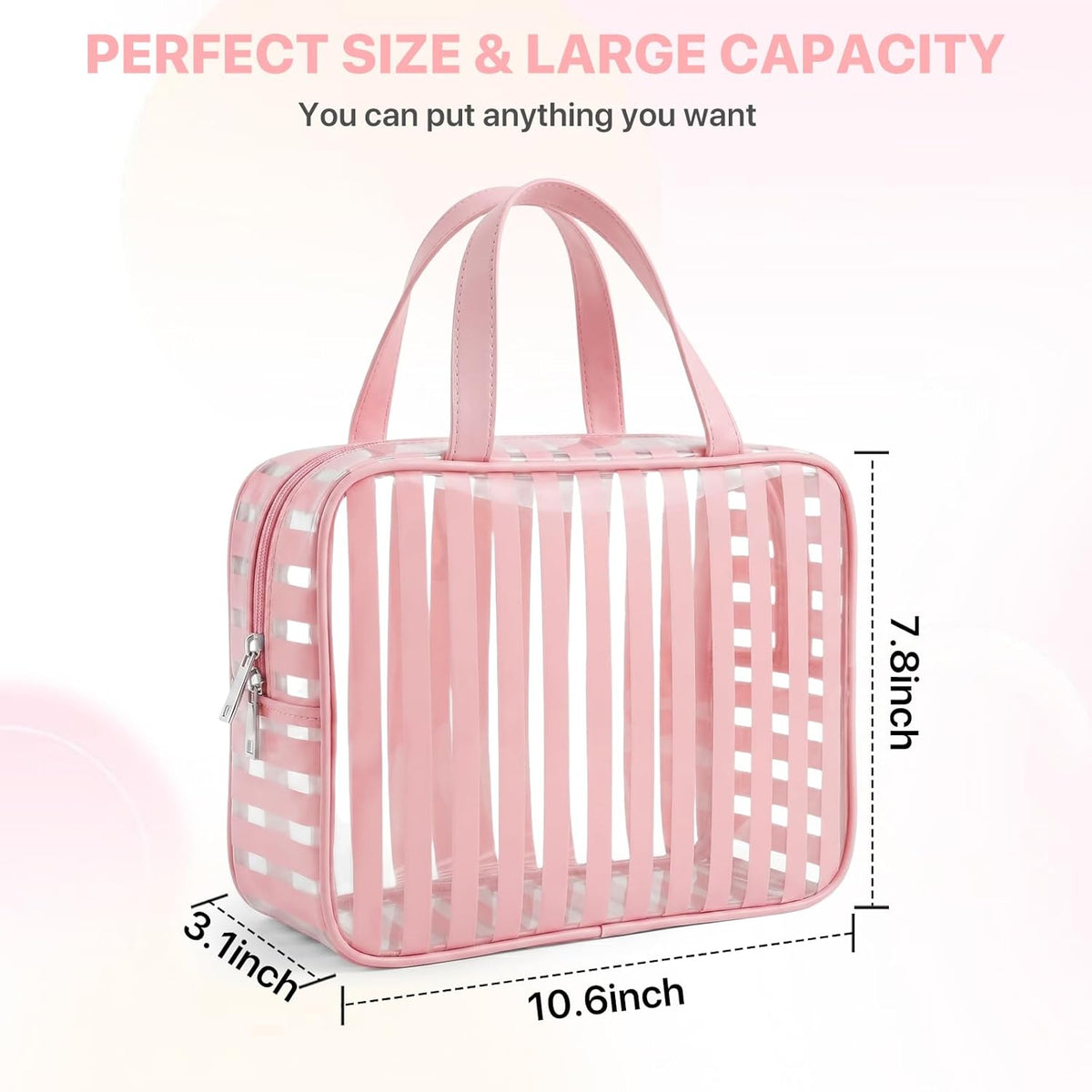 Clear Pink Striped PVC Makeup Bag, Large 10.2 x 7.9 x 3.1 Inch Waterproof Travel Toiletry Bag with Handle, TSA Approved Clear Cosmetic Organizer for Travel Gym Bathroom