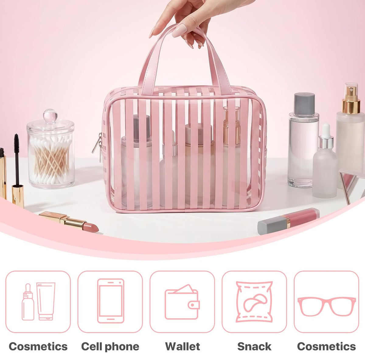 Clear Pink Striped PVC Makeup Bag, Large 10.2 x 7.9 x 3.1 Inch Waterproof Travel Toiletry Bag with Handle, TSA Approved Clear Cosmetic Organizer for Travel Gym Bathroom