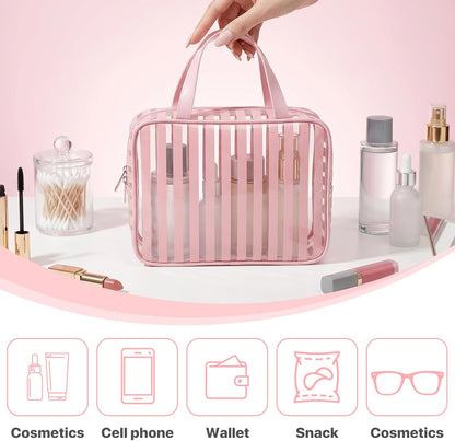 Clear Pink Striped PVC Makeup Bag, Large 10.2 x 7.9 x 3.1 Inch Waterproof Travel Toiletry Bag with Handle, TSA Approved Clear Cosmetic Organizer for Travel Gym Bathroom