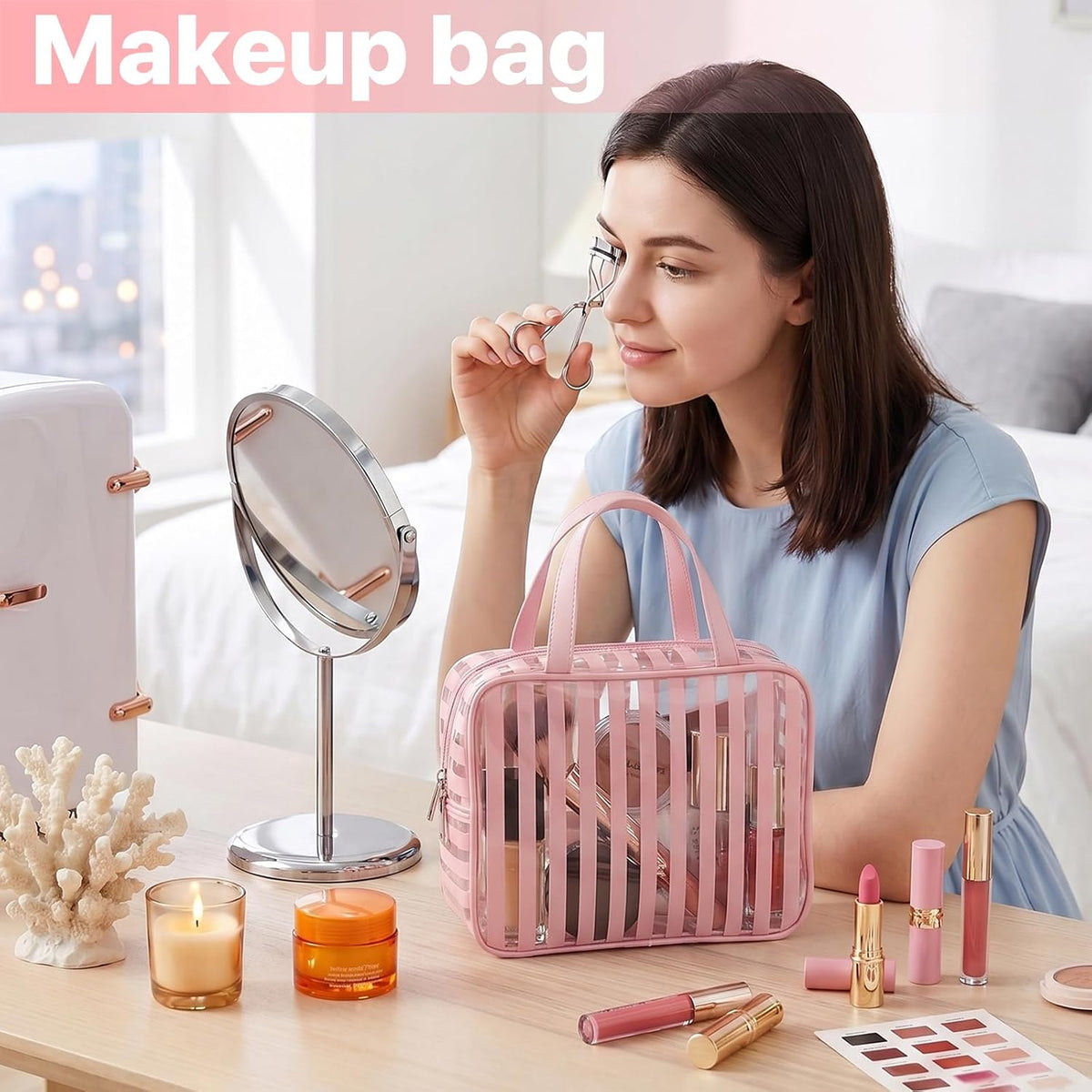 Clear Pink Striped PVC Makeup Bag, Large 10.2 x 7.9 x 3.1 Inch Waterproof Travel Toiletry Bag with Handle, TSA Approved Clear Cosmetic Organizer for Travel Gym Bathroom