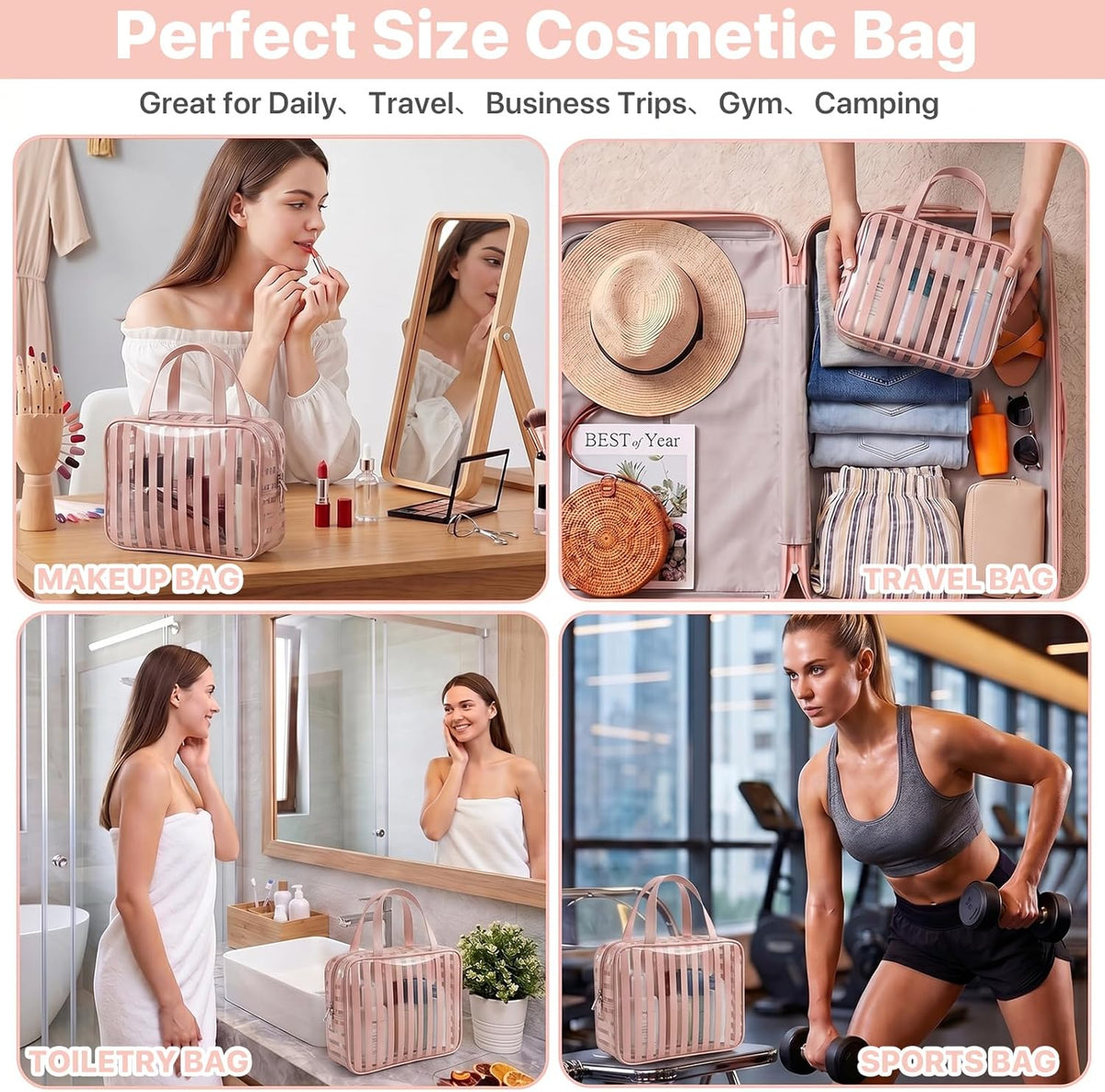 Clear Pink Striped PVC Makeup Bag, Large 10.2 x 7.9 x 3.1 Inch Waterproof Travel Toiletry Bag with Handle, TSA Approved Clear Cosmetic Organizer for Travel Gym Bathroom
