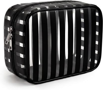 Clear Pink Striped PVC Makeup Bag, Large 10.2 x 7.9 x 3.1 Inch Waterproof Travel Toiletry Bag with Handle, TSA Approved Clear Cosmetic Organizer for Travel Gym Bathroom