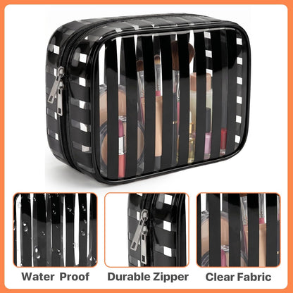 Clear Pink Striped PVC Makeup Bag, Large 10.2 x 7.9 x 3.1 Inch Waterproof Travel Toiletry Bag with Handle, TSA Approved Clear Cosmetic Organizer for Travel Gym Bathroom