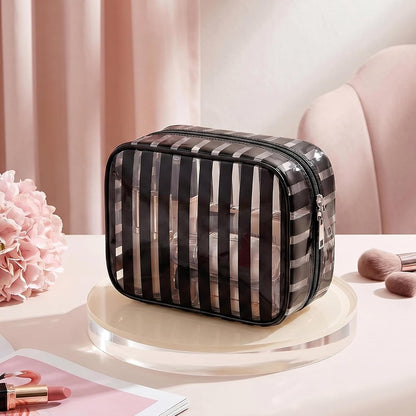 Clear Pink Striped PVC Makeup Bag, Large 10.2 x 7.9 x 3.1 Inch Waterproof Travel Toiletry Bag with Handle, TSA Approved Clear Cosmetic Organizer for Travel Gym Bathroom