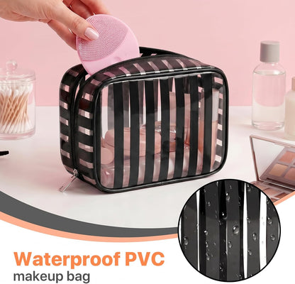 Clear Pink Striped PVC Makeup Bag, Large 10.2 x 7.9 x 3.1 Inch Waterproof Travel Toiletry Bag with Handle, TSA Approved Clear Cosmetic Organizer for Travel Gym Bathroom