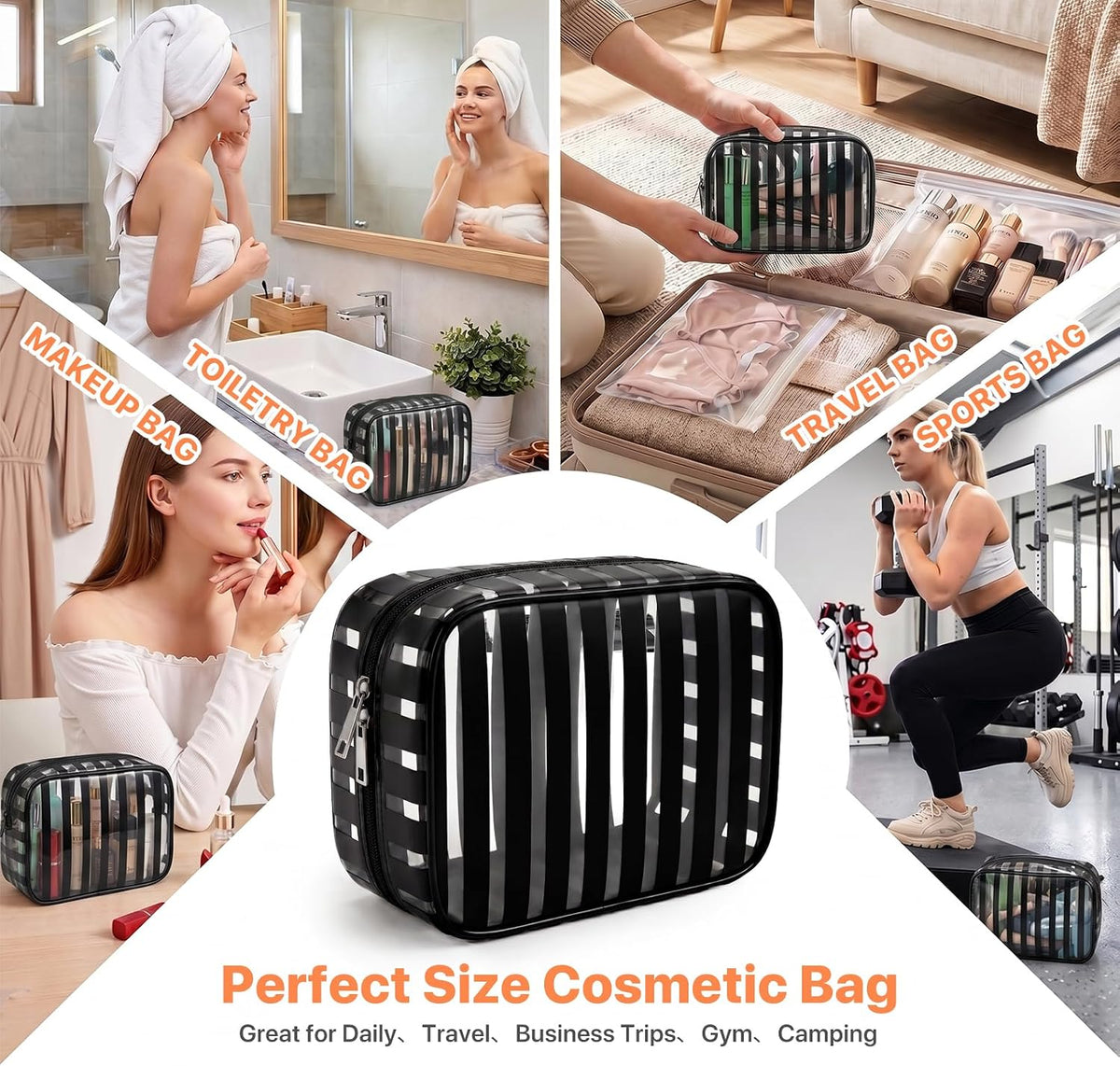 Clear Pink Striped PVC Makeup Bag, Large 10.2 x 7.9 x 3.1 Inch Waterproof Travel Toiletry Bag with Handle, TSA Approved Clear Cosmetic Organizer for Travel Gym Bathroom