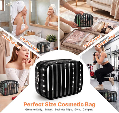 Clear Pink Striped PVC Makeup Bag, Large 10.2 x 7.9 x 3.1 Inch Waterproof Travel Toiletry Bag with Handle, TSA Approved Clear Cosmetic Organizer for Travel Gym Bathroom