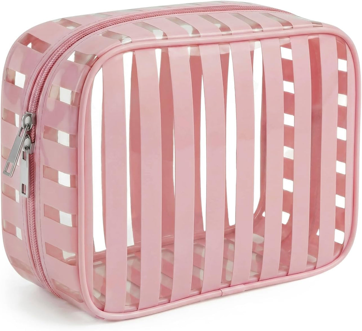 Clear Pink Striped PVC Makeup Bag, Large 10.2 x 7.9 x 3.1 Inch Waterproof Travel Toiletry Bag with Handle, TSA Approved Clear Cosmetic Organizer for Travel Gym Bathroom