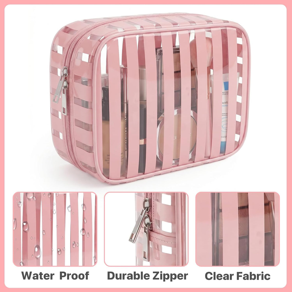 Clear Pink Striped PVC Makeup Bag, Large 10.2 x 7.9 x 3.1 Inch Waterproof Travel Toiletry Bag with Handle, TSA Approved Clear Cosmetic Organizer for Travel Gym Bathroom