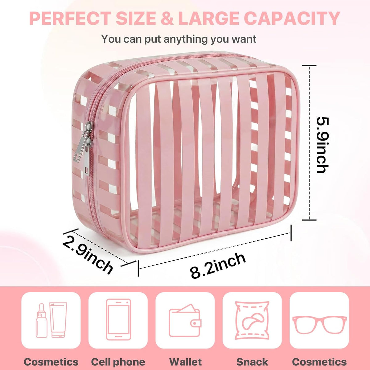 Clear Pink Striped PVC Makeup Bag, Large 10.2 x 7.9 x 3.1 Inch Waterproof Travel Toiletry Bag with Handle, TSA Approved Clear Cosmetic Organizer for Travel Gym Bathroom