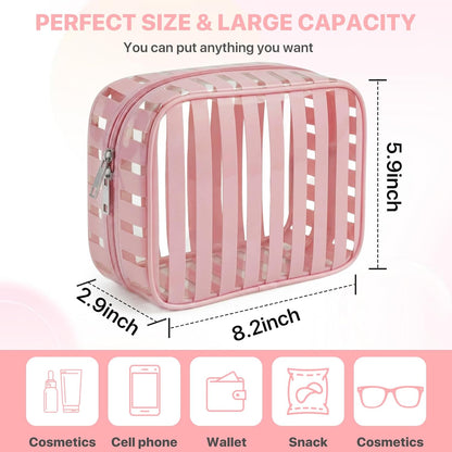 Clear Pink Striped PVC Makeup Bag, Large 10.2 x 7.9 x 3.1 Inch Waterproof Travel Toiletry Bag with Handle, TSA Approved Clear Cosmetic Organizer for Travel Gym Bathroom