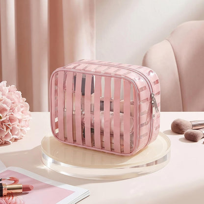 Clear Pink Striped PVC Makeup Bag, Large 10.2 x 7.9 x 3.1 Inch Waterproof Travel Toiletry Bag with Handle, TSA Approved Clear Cosmetic Organizer for Travel Gym Bathroom