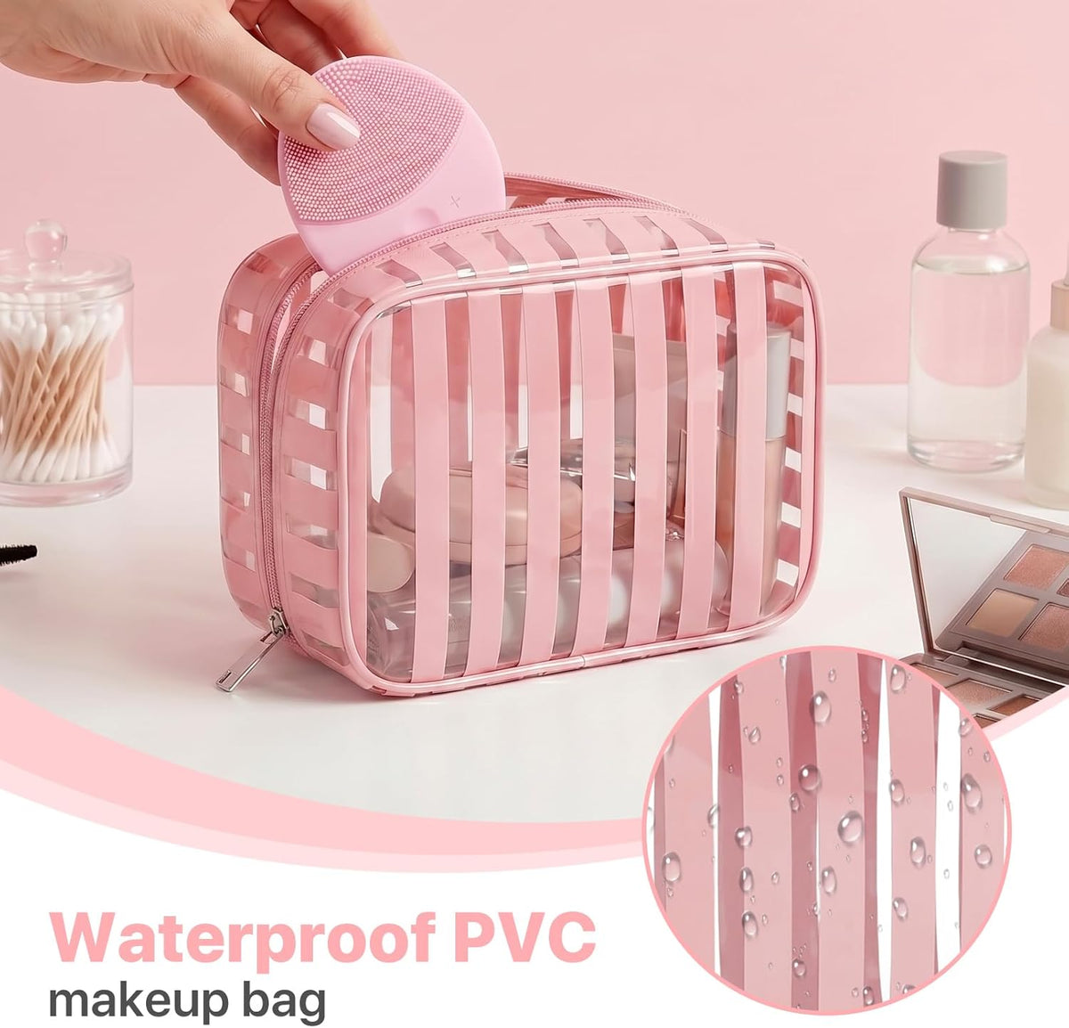 Clear Pink Striped PVC Makeup Bag, Large 10.2 x 7.9 x 3.1 Inch Waterproof Travel Toiletry Bag with Handle, TSA Approved Clear Cosmetic Organizer for Travel Gym Bathroom
