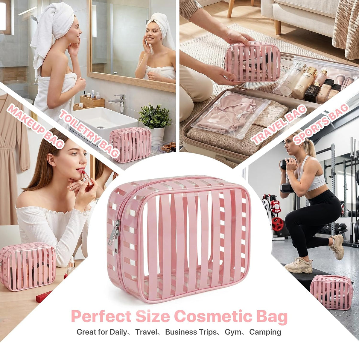 Clear Pink Striped PVC Makeup Bag, Large 10.2 x 7.9 x 3.1 Inch Waterproof Travel Toiletry Bag with Handle, TSA Approved Clear Cosmetic Organizer for Travel Gym Bathroom
