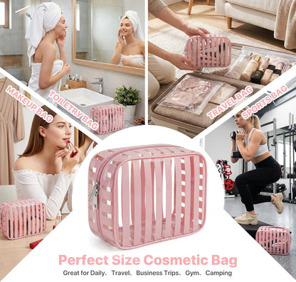 Clear Pink Striped PVC Makeup Bag, Large 10.2 x 7.9 x 3.1 Inch Waterproof Travel Toiletry Bag with Handle, TSA Approved Clear Cosmetic Organizer for Travel Gym Bathroom