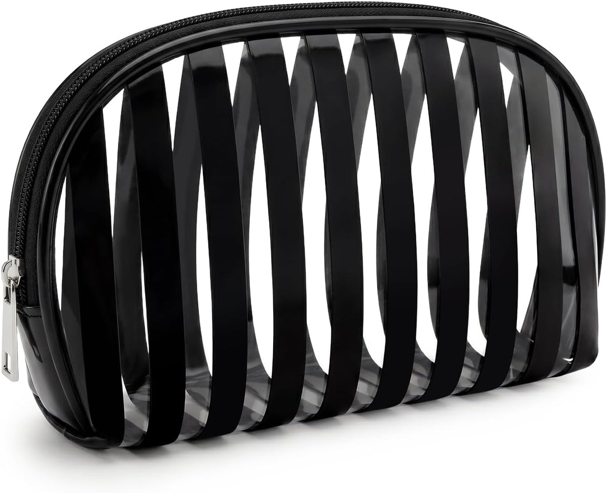 Clear Pink Striped PVC Makeup Bag, Large 10.2 x 7.9 x 3.1 Inch Waterproof Travel Toiletry Bag with Handle, TSA Approved Clear Cosmetic Organizer for Travel Gym Bathroom