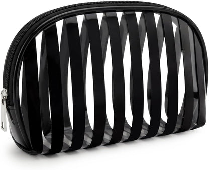 Clear Pink Striped PVC Makeup Bag, Large 10.2 x 7.9 x 3.1 Inch Waterproof Travel Toiletry Bag with Handle, TSA Approved Clear Cosmetic Organizer for Travel Gym Bathroom