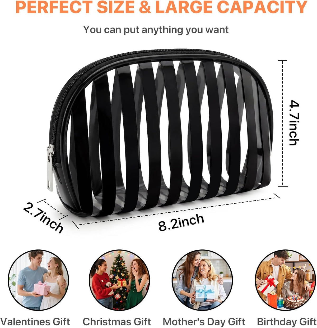 Clear Pink Striped PVC Makeup Bag, Large 10.2 x 7.9 x 3.1 Inch Waterproof Travel Toiletry Bag with Handle, TSA Approved Clear Cosmetic Organizer for Travel Gym Bathroom