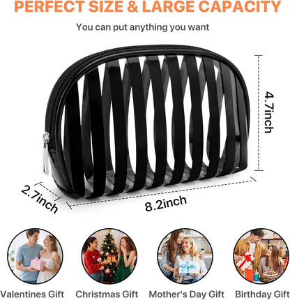 Clear Pink Striped PVC Makeup Bag, Large 10.2 x 7.9 x 3.1 Inch Waterproof Travel Toiletry Bag with Handle, TSA Approved Clear Cosmetic Organizer for Travel Gym Bathroom