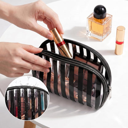 Clear Pink Striped PVC Makeup Bag, Large 10.2 x 7.9 x 3.1 Inch Waterproof Travel Toiletry Bag with Handle, TSA Approved Clear Cosmetic Organizer for Travel Gym Bathroom