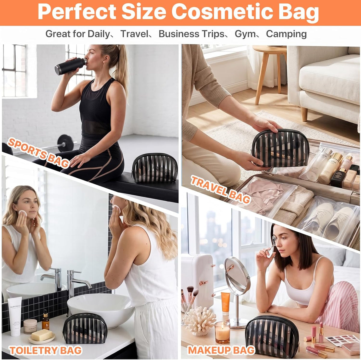 Clear Pink Striped PVC Makeup Bag, Large 10.2 x 7.9 x 3.1 Inch Waterproof Travel Toiletry Bag with Handle, TSA Approved Clear Cosmetic Organizer for Travel Gym Bathroom