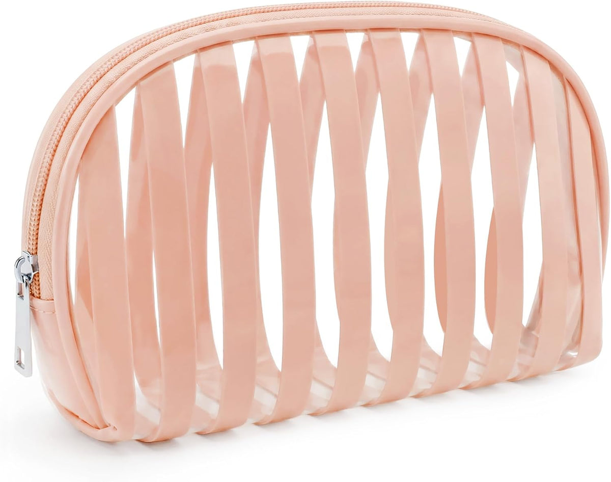 Clear Pink Striped PVC Makeup Bag, Large 10.2 x 7.9 x 3.1 Inch Waterproof Travel Toiletry Bag with Handle, TSA Approved Clear Cosmetic Organizer for Travel Gym Bathroom