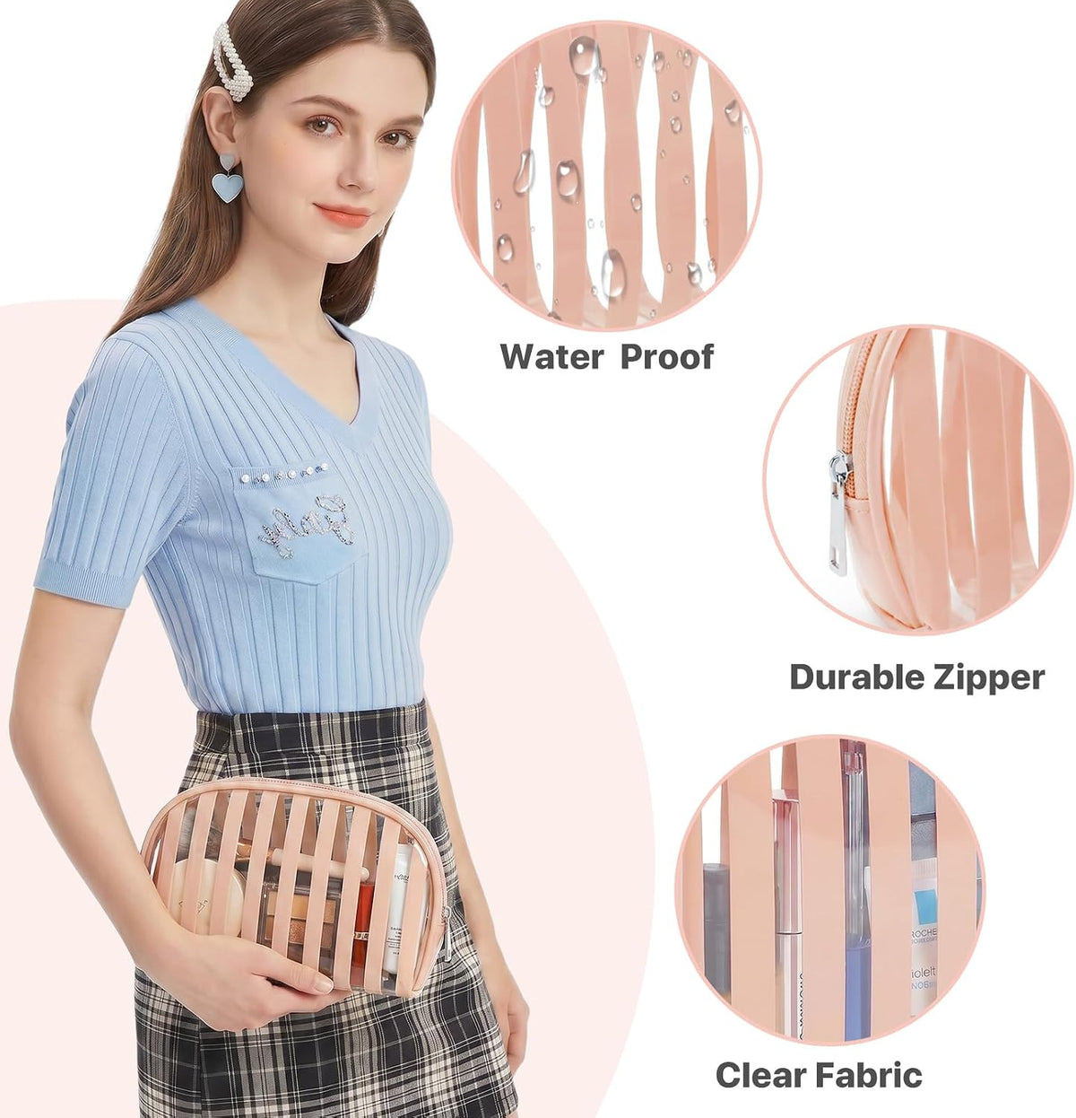 Clear Pink Striped PVC Makeup Bag, Large 10.2 x 7.9 x 3.1 Inch Waterproof Travel Toiletry Bag with Handle, TSA Approved Clear Cosmetic Organizer for Travel Gym Bathroom
