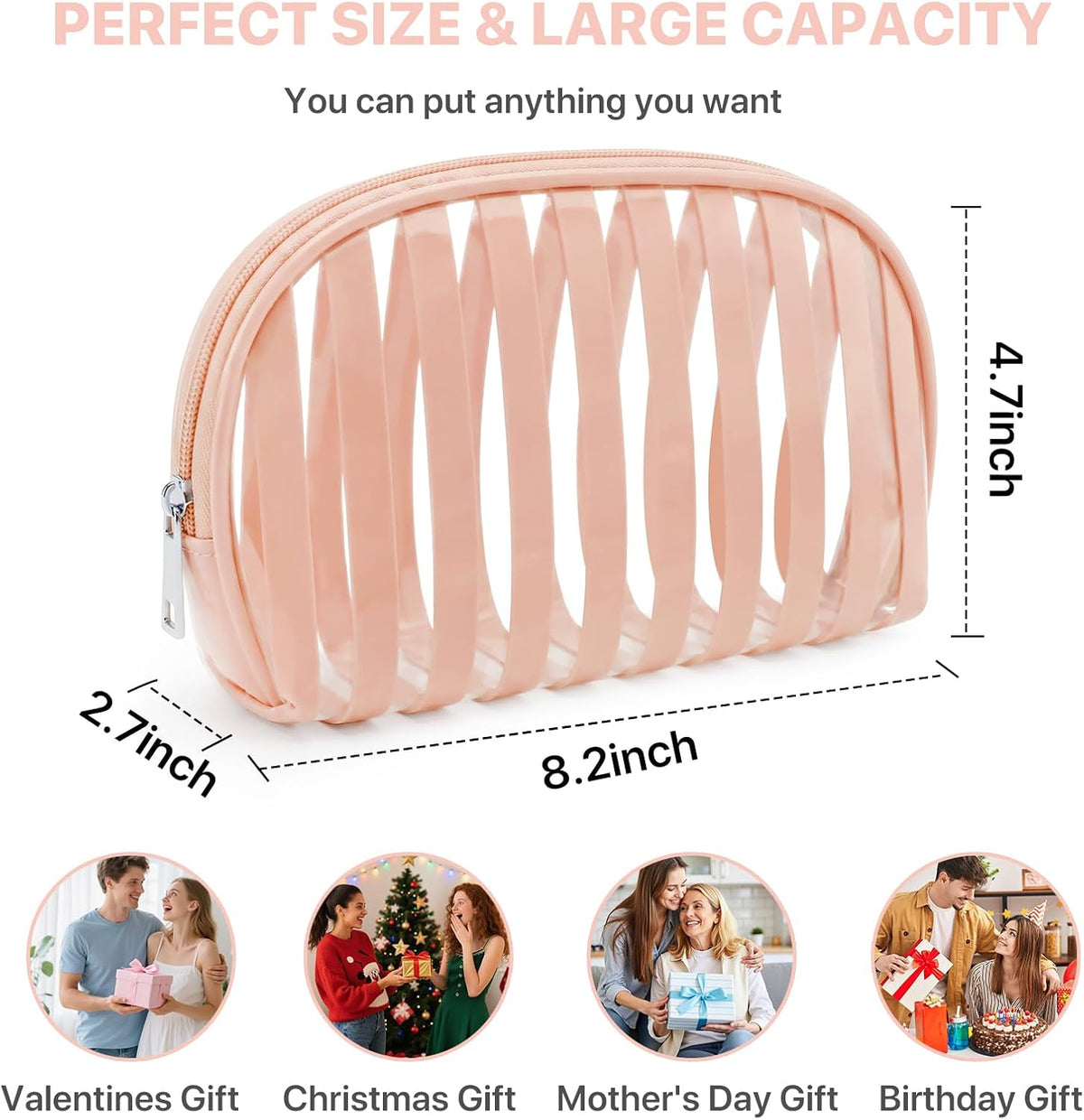 Clear Pink Striped PVC Makeup Bag, Large 10.2 x 7.9 x 3.1 Inch Waterproof Travel Toiletry Bag with Handle, TSA Approved Clear Cosmetic Organizer for Travel Gym Bathroom