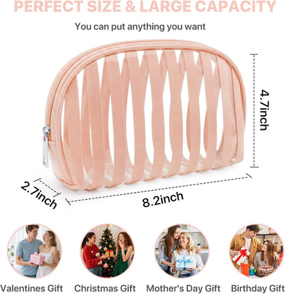 Clear Pink Striped PVC Makeup Bag, Large 10.2 x 7.9 x 3.1 Inch Waterproof Travel Toiletry Bag with Handle, TSA Approved Clear Cosmetic Organizer for Travel Gym Bathroom