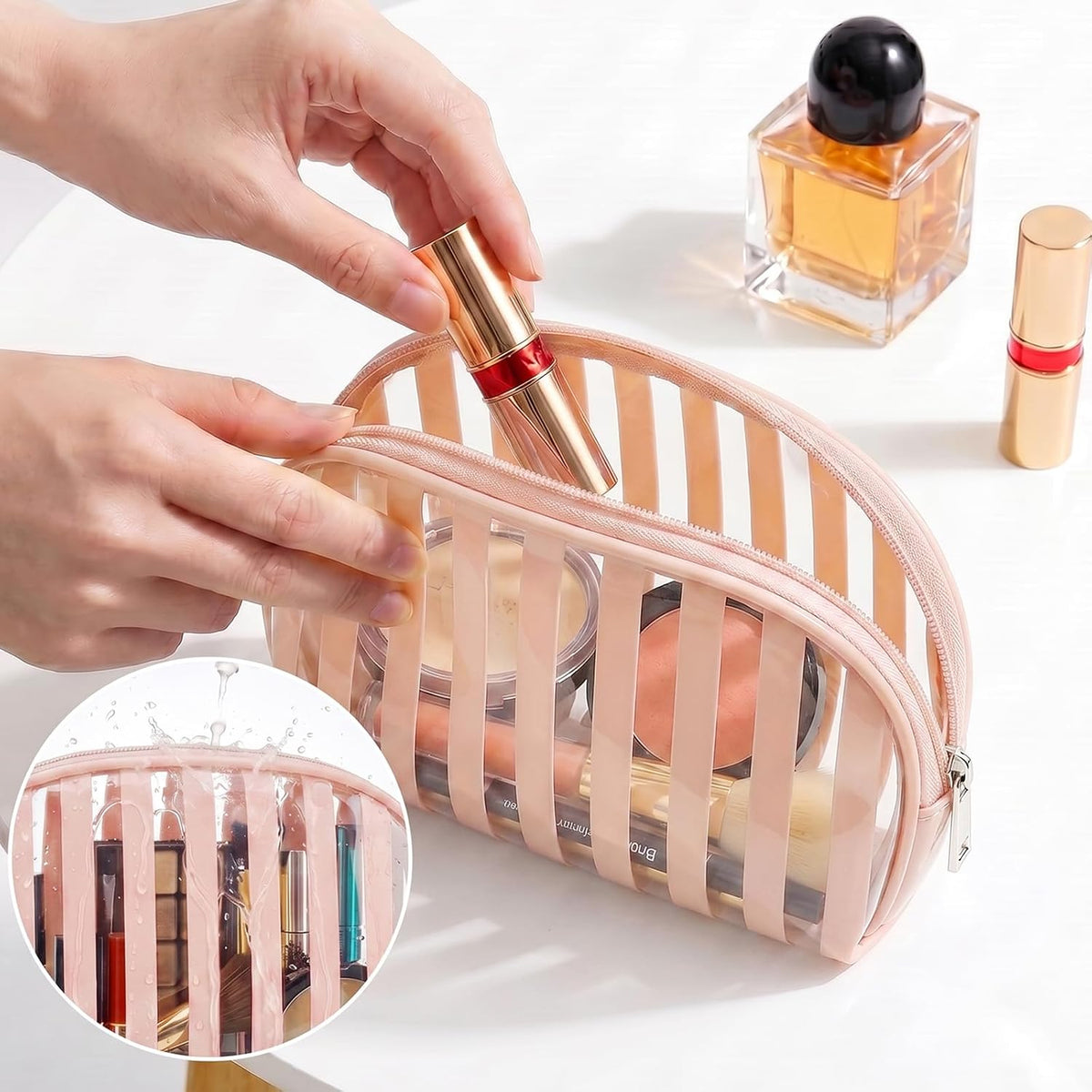 Clear Pink Striped PVC Makeup Bag, Large 10.2 x 7.9 x 3.1 Inch Waterproof Travel Toiletry Bag with Handle, TSA Approved Clear Cosmetic Organizer for Travel Gym Bathroom
