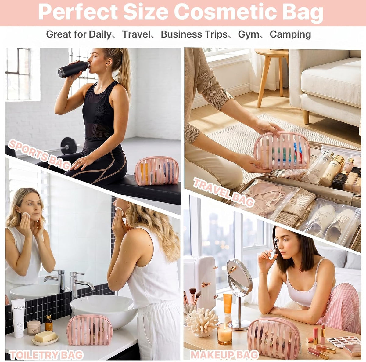Clear Pink Striped PVC Makeup Bag, Large 10.2 x 7.9 x 3.1 Inch Waterproof Travel Toiletry Bag with Handle, TSA Approved Clear Cosmetic Organizer for Travel Gym Bathroom