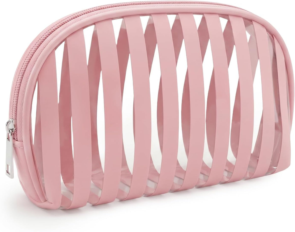 Clear Pink Striped PVC Makeup Bag, Large 10.2 x 7.9 x 3.1 Inch Waterproof Travel Toiletry Bag with Handle, TSA Approved Clear Cosmetic Organizer for Travel Gym Bathroom