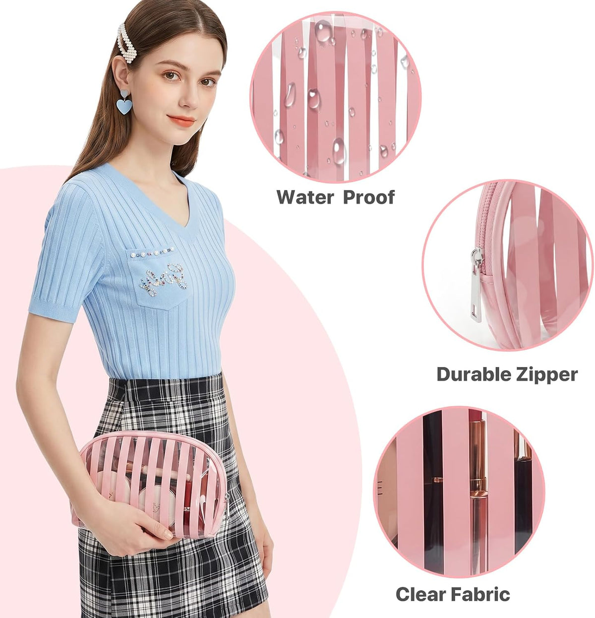 Clear Pink Striped PVC Makeup Bag, Large 10.2 x 7.9 x 3.1 Inch Waterproof Travel Toiletry Bag with Handle, TSA Approved Clear Cosmetic Organizer for Travel Gym Bathroom