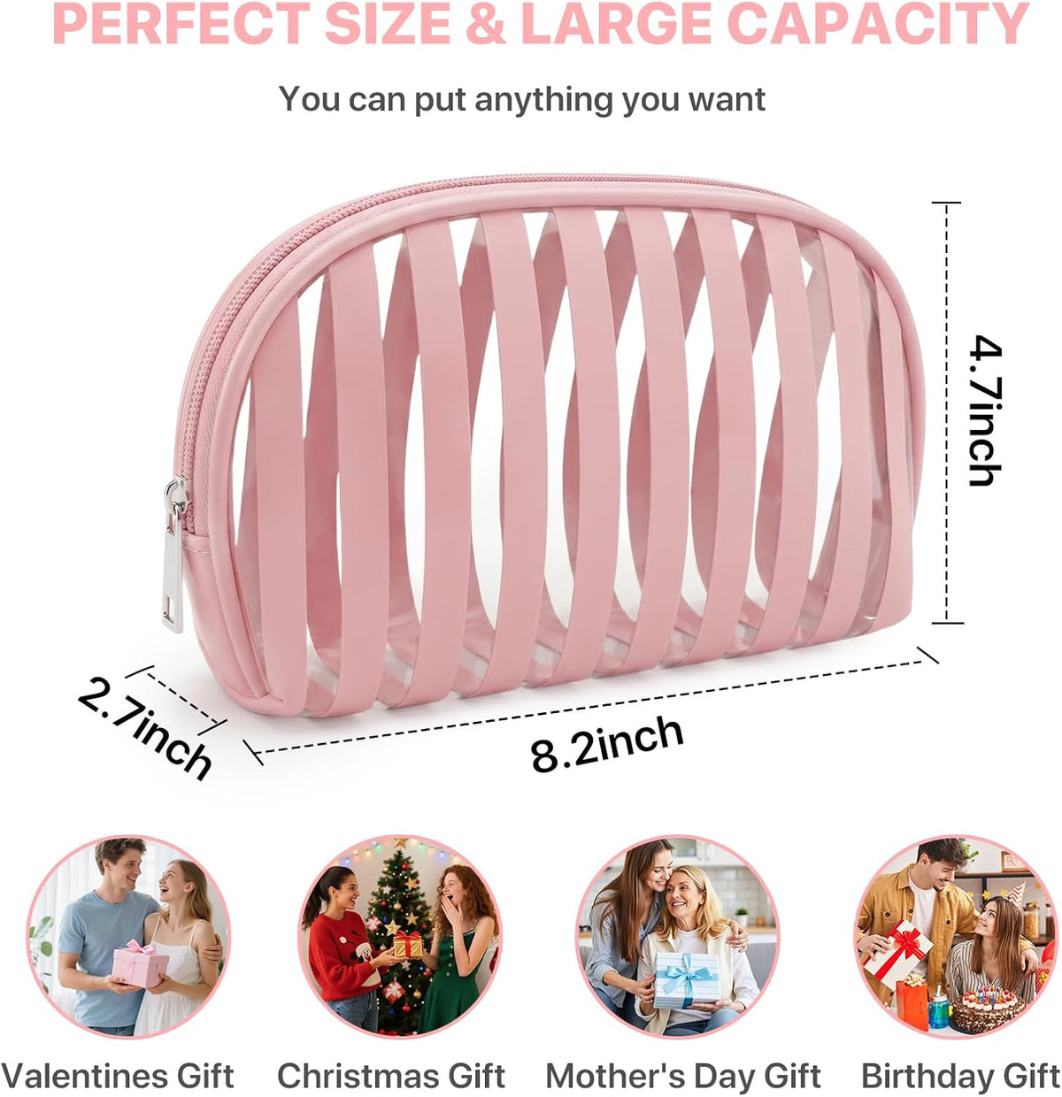 Clear Pink Striped PVC Makeup Bag, Large 10.2 x 7.9 x 3.1 Inch Waterproof Travel Toiletry Bag with Handle, TSA Approved Clear Cosmetic Organizer for Travel Gym Bathroom