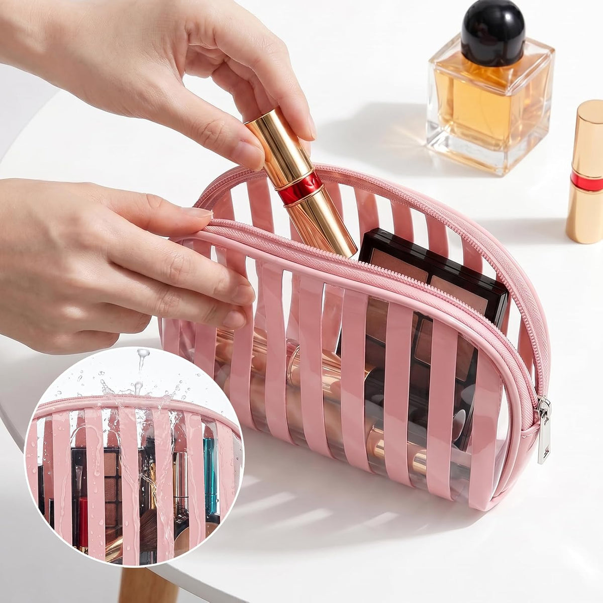 Clear Pink Striped PVC Makeup Bag, Large 10.2 x 7.9 x 3.1 Inch Waterproof Travel Toiletry Bag with Handle, TSA Approved Clear Cosmetic Organizer for Travel Gym Bathroom