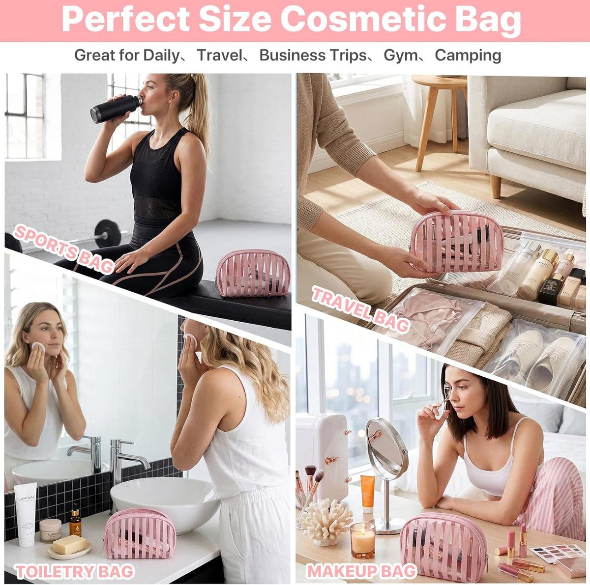 Clear Pink Striped PVC Makeup Bag, Large 10.2 x 7.9 x 3.1 Inch Waterproof Travel Toiletry Bag with Handle, TSA Approved Clear Cosmetic Organizer for Travel Gym Bathroom