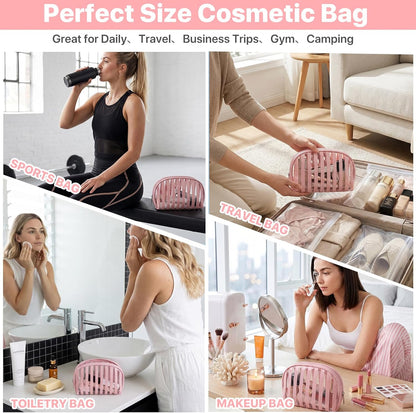 Clear Pink Striped PVC Makeup Bag, Large 10.2 x 7.9 x 3.1 Inch Waterproof Travel Toiletry Bag with Handle, TSA Approved Clear Cosmetic Organizer for Travel Gym Bathroom