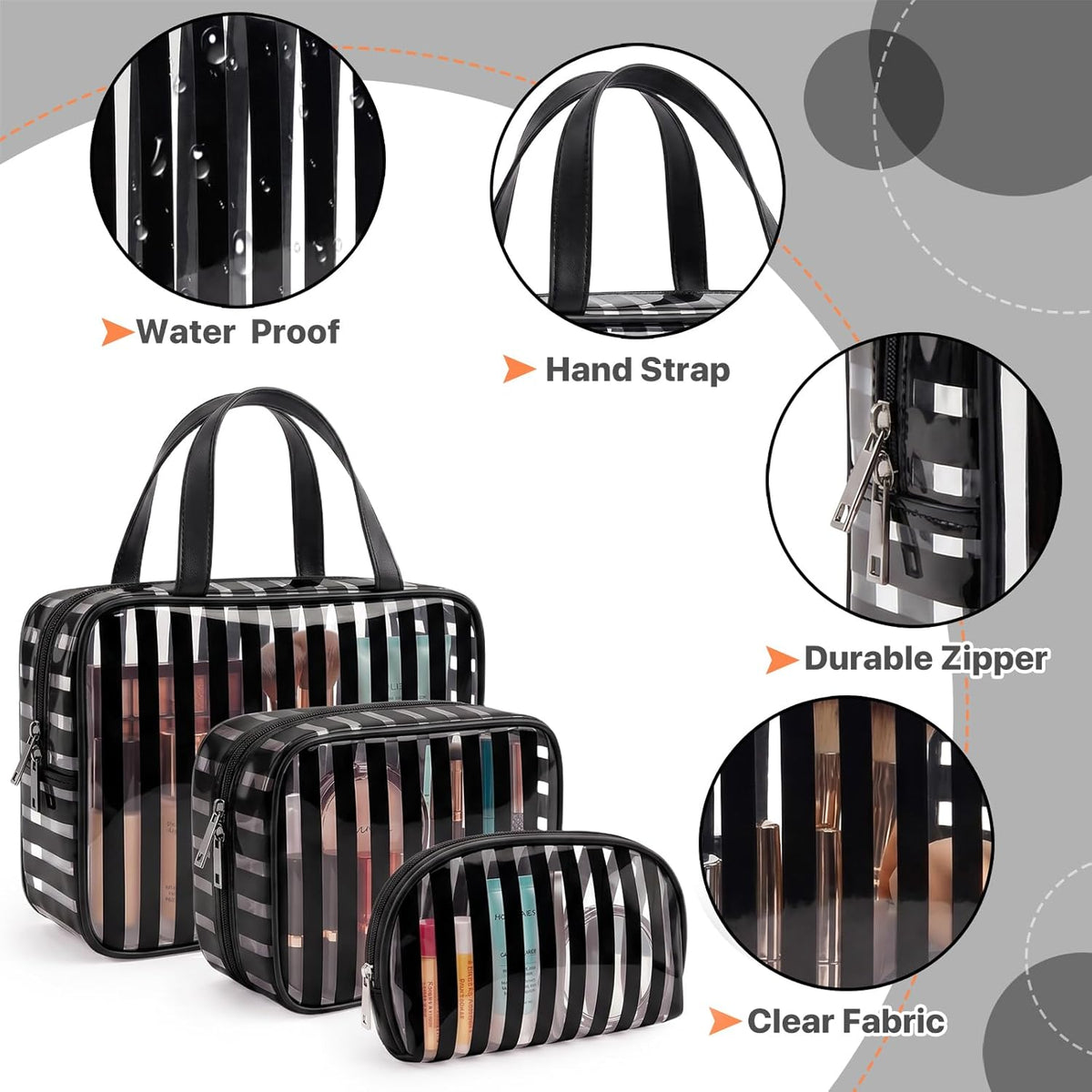 Clear Pink Striped PVC Makeup Bag, Large 10.2 x 7.9 x 3.1 Inch Waterproof Travel Toiletry Bag with Handle, TSA Approved Clear Cosmetic Organizer for Travel Gym Bathroom