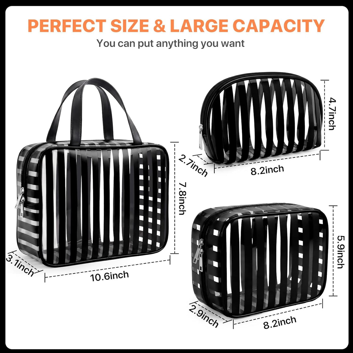 Clear Pink Striped PVC Makeup Bag, Large 10.2 x 7.9 x 3.1 Inch Waterproof Travel Toiletry Bag with Handle, TSA Approved Clear Cosmetic Organizer for Travel Gym Bathroom