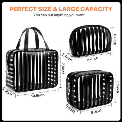 Clear Pink Striped PVC Makeup Bag, Large 10.2 x 7.9 x 3.1 Inch Waterproof Travel Toiletry Bag with Handle, TSA Approved Clear Cosmetic Organizer for Travel Gym Bathroom