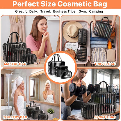 Clear Pink Striped PVC Makeup Bag, Large 10.2 x 7.9 x 3.1 Inch Waterproof Travel Toiletry Bag with Handle, TSA Approved Clear Cosmetic Organizer for Travel Gym Bathroom
