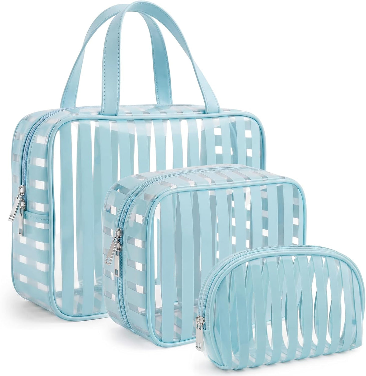 Clear Pink Striped PVC Makeup Bag, Large 10.2 x 7.9 x 3.1 Inch Waterproof Travel Toiletry Bag with Handle, TSA Approved Clear Cosmetic Organizer for Travel Gym Bathroom